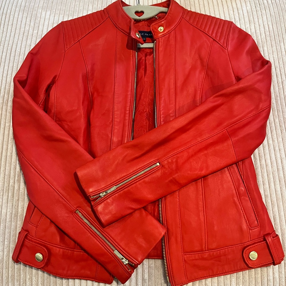 Like New Cole Haan Red Leather Moto Jacket Gold Details Lambskin Leather
